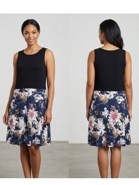 MOYABO Black Navy Floral Sleeveless Tank Midi Dress w/ Pockets 2XL